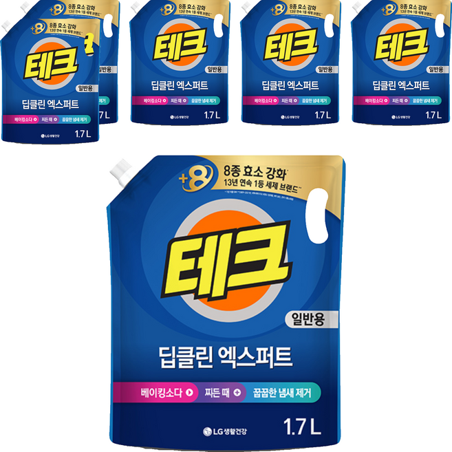 테크 딥클린 실내건조 액체세제 일반 리필, 1.7L, 6개