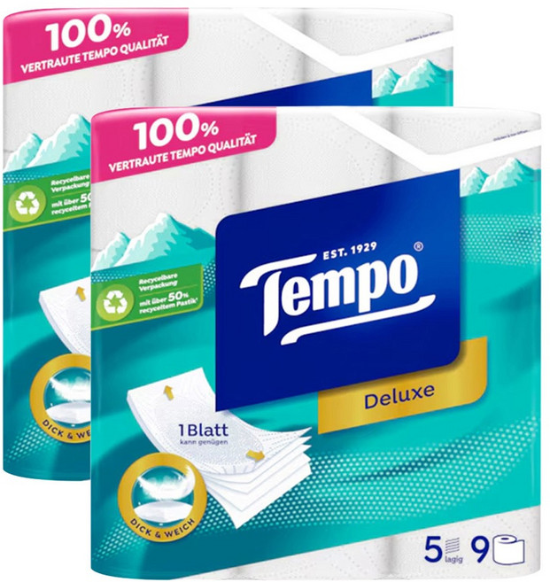 Tempo 천연펄프 5겹 롤화장지, 11m, 9롤, 2개