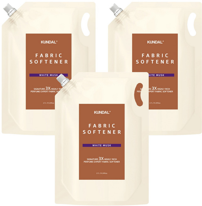 쿤달 시그니처 3X 초고농축 리치 퍼퓸 엑스퍼트 섬유유연제 화이트머스크 리필, 2.7L, 3개