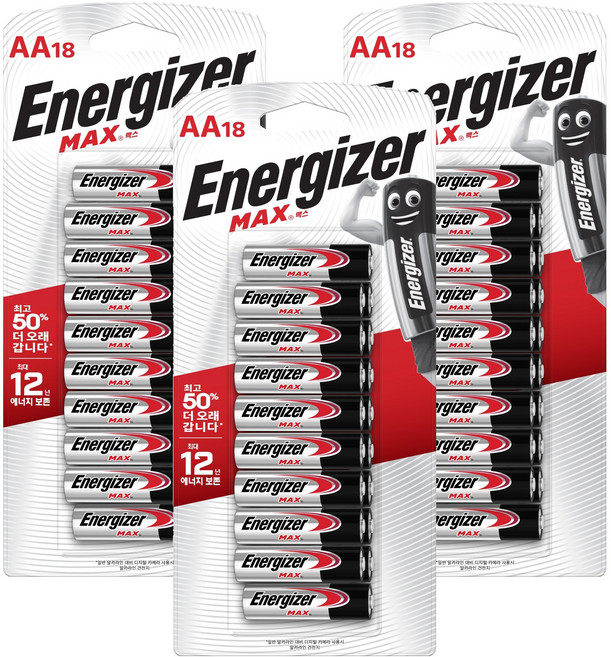 에너자이저 알카라인 맥스 AA 건전지, 18개입, 3개