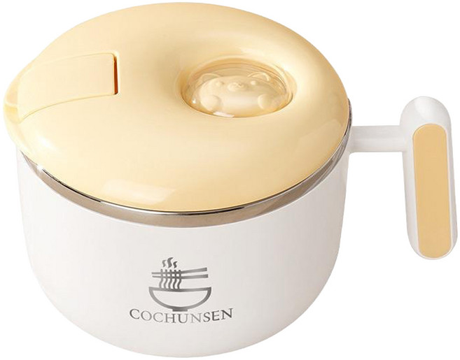 couselect 卡通304不鏽鋼泡麵碗/大容量保溫飯盒/外出便當盒/湯碗速食杯/上班/上學午餐盒 15.7 x 15.7 x 11.8cm 1.5L, 萌喵黃色, 1個