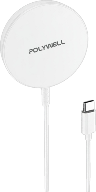 POLYWELL 寶利威爾 15W無線磁吸充電盤 適用MagSafe/iPhone/Airpods/Qi充電 USB-C 2M, 白色, 1個