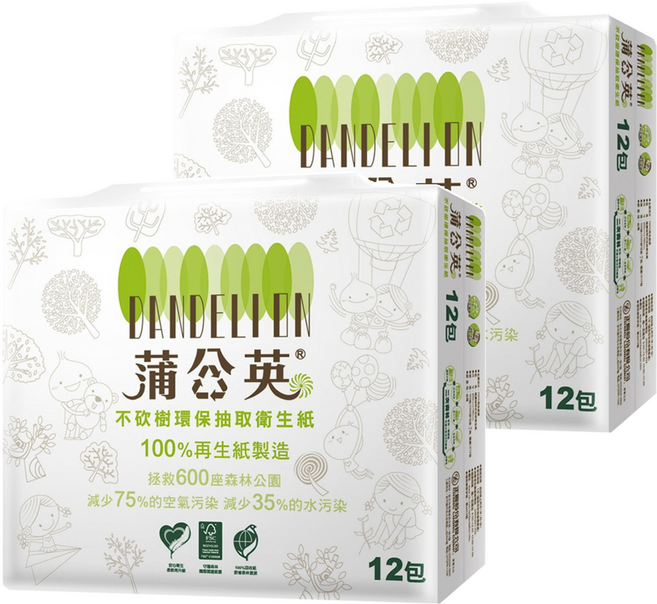 蒲公英 環保抽取衛生紙, 12包, 2袋