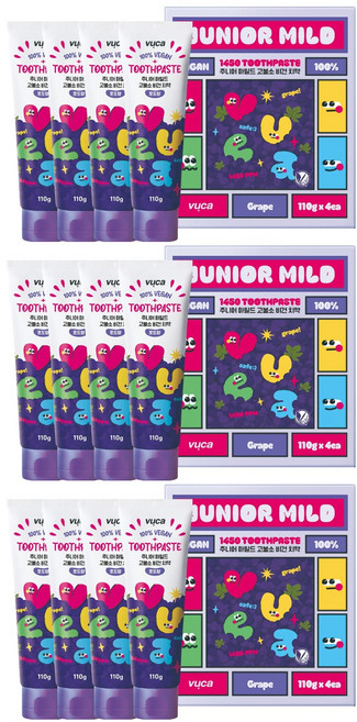 뷰카 주니어 마일드 고불소 구취케어 비건 어린이 치약 포도향, 110g, 12개