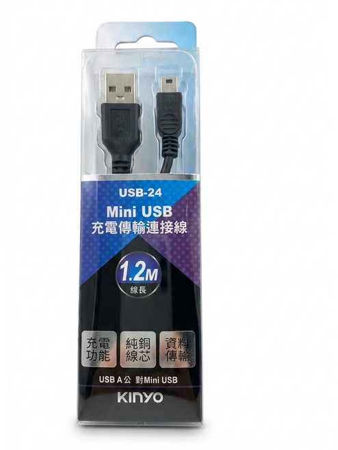 Kinyo USB-A-Mini USB-24 充電線, 1條, 黑色, 1.2m