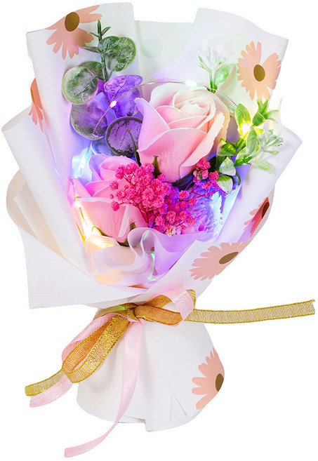 LED 香皂花玫瑰滿天星永生花禮盒, 粉色