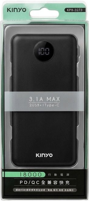 Kinyo 18000系列 行動電源 Type-c/USB-A1/USB-A2, KPB-3273, 黑色