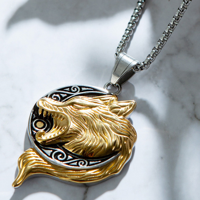 노이드비 남성용 써지컬스틸 빈티지 문양 빅 울프헤드 펜던트 목걸이