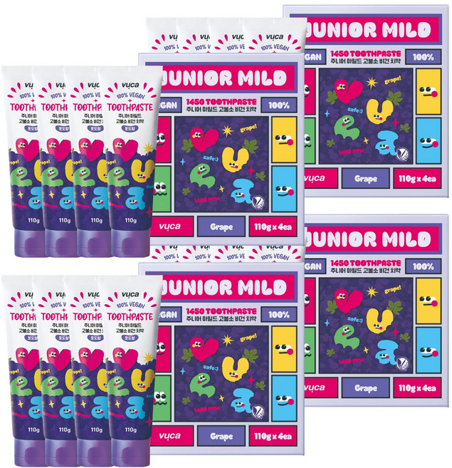 뷰카 주니어 마일드 고불소 구취케어 비건 어린이 치약 포도향, 110g, 16개