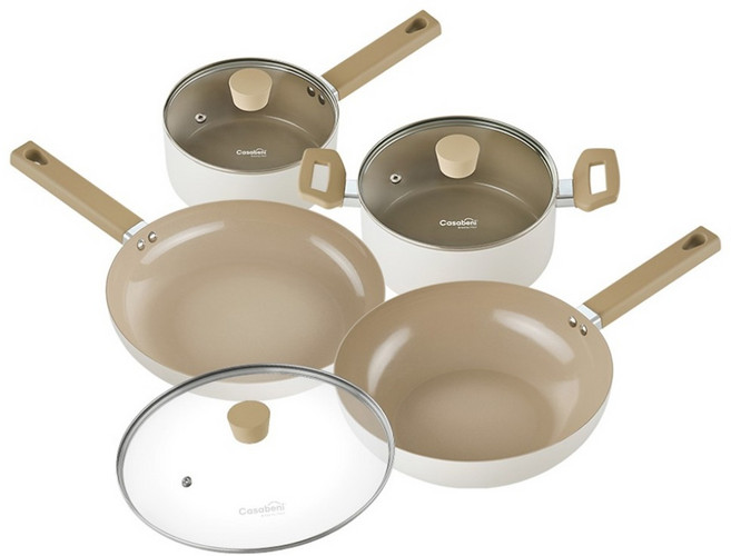 Casabeni 電磁爐適用陶瓷鍋具5件組, 1組, 白色 + 咖色, 單柄鍋 18cm + 雙耳鍋 20cm + 平底鍋 28cm + 深炒鍋 28cm + 玻璃鍋蓋 28cm