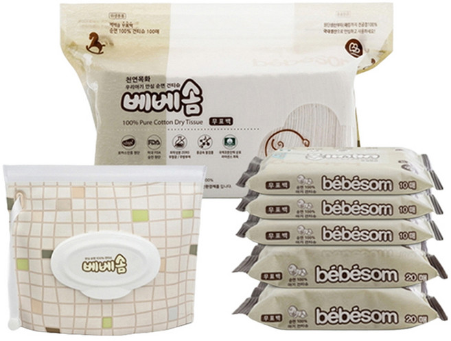 베베솜 무표백 순면 아기 건티슈 10매x3p + 20매x2p + 100매 + 지퍼백, 60g, 170매, 1세트