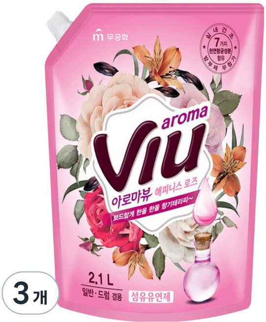 아로마뷰 해피니스 로즈 섬유유연제 리필형, 2.1L, 3개