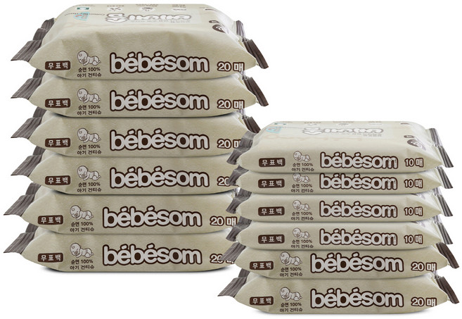 베베솜 무표백 순면 아기 건티슈 휴대용 10매x4p + 20매x8p, 1세트