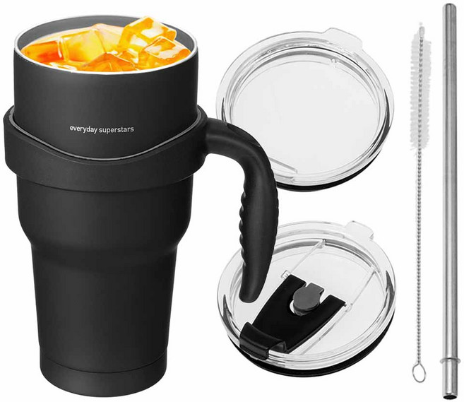 코멧 진공 스테인리스 텀블러 + 손잡이 + 빨대뚜껑 + 빨대 + 빨대솔, 블랙, 900ml, 1세트