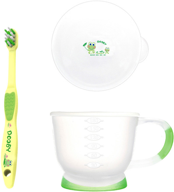 DOOBY 大眼蛙 止滑漱口杯 + 保潔蓋 + 1~3歲黃柄牙刷 嬰兒用, 1組