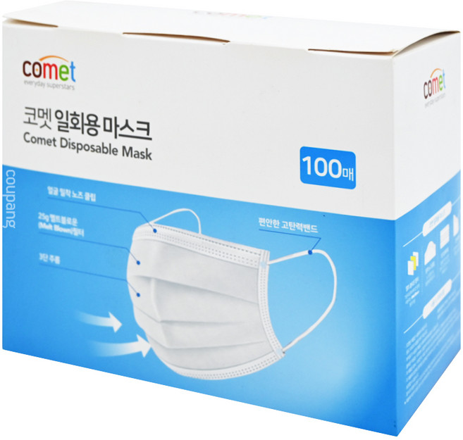 comet 平面口罩 成人用, 白色, 100片, 1盒