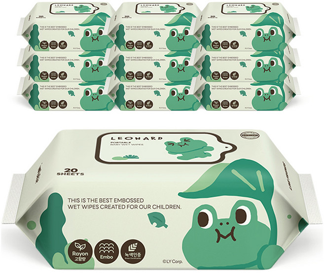 아이러브베베 라인프렌즈 미니레너드 휴대용 리필형 아기물티슈, 62g, 20매, 10개