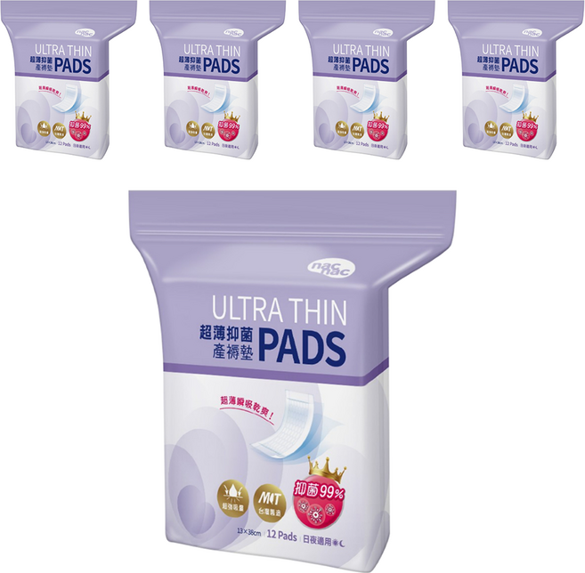 nac nac 超薄抑菌產褥墊, 13 x 38cm, 12片, 5包