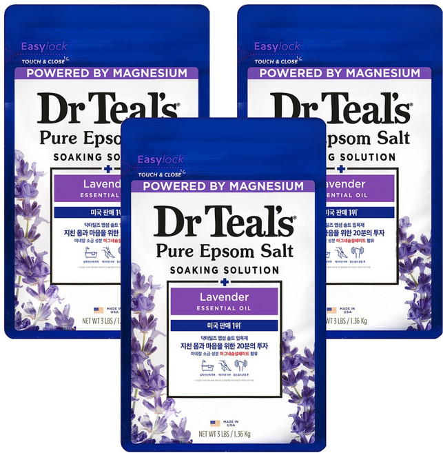 닥터틸즈 퓨어 엡섬 솔트 소킹 솔루션 입욕제 라벤더 에센셜 오일, 1.36kg, 3개