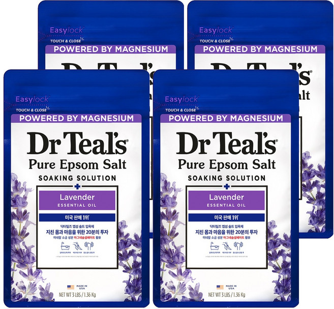 닥터틸즈 퓨어 엡섬 솔트 소킹 솔루션 입욕제 라벤더 에센셜 오일, 1.36kg, 4개
