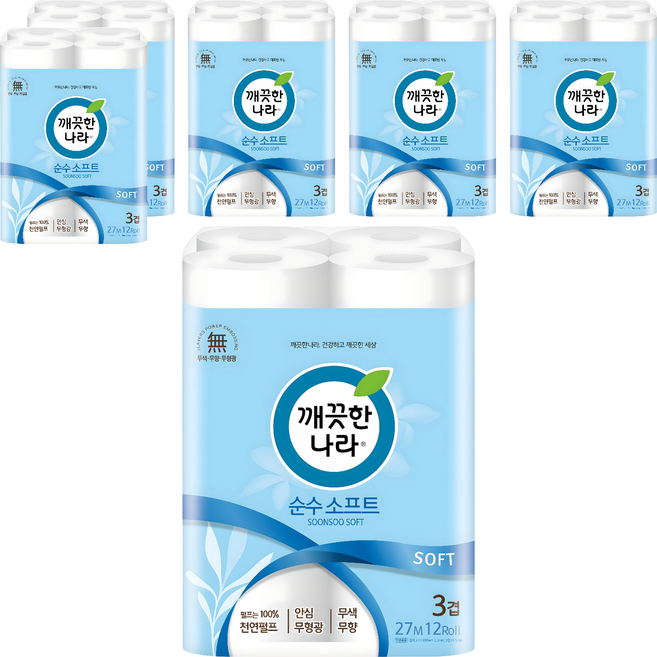 깨끗한나라 순수 소프트 3겹 화장지, 27m, 12롤, 6개
