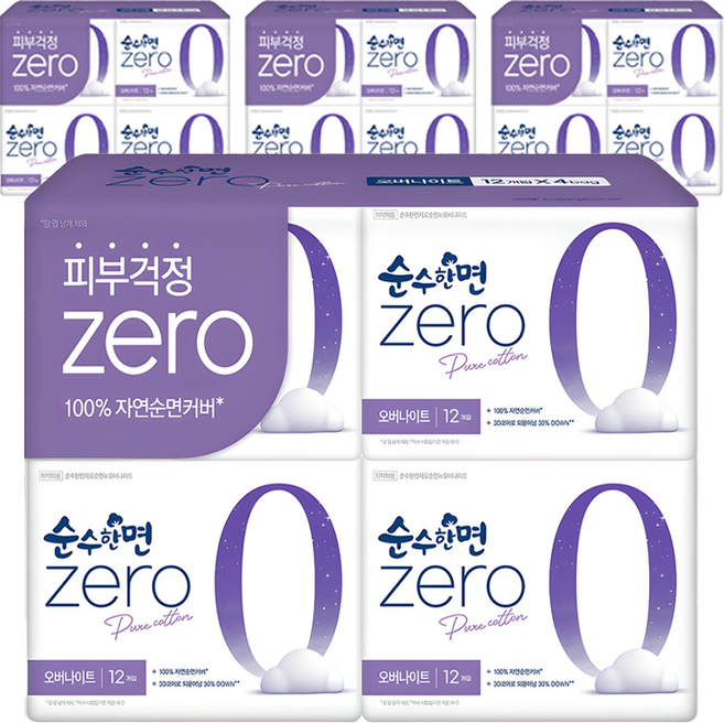 순수한면 제로 순면 뉴 날개형 생리대, 오버나이트, 12개입, 16개