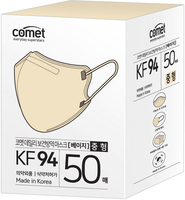 코멧 KF94 보건마스크 새부리형 2단접이 중형 (와이드핏), 5매입, 10개, 베이지