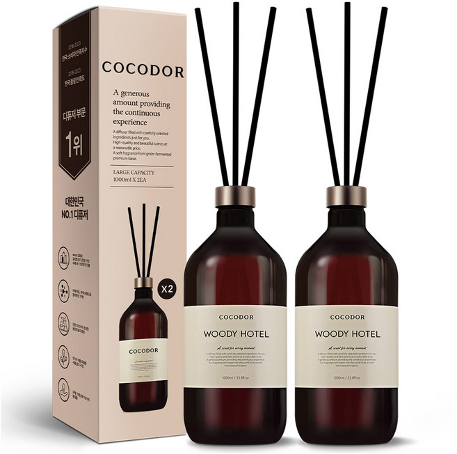 코코도르 프리미엄 디퓨저 + 섬유스틱 6p, 우디호텔, 1L, 2개