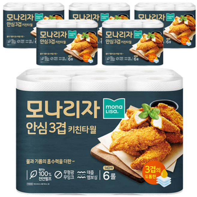 모나리자 안심3겹 천연펄프 키친타올, 36개, 140매