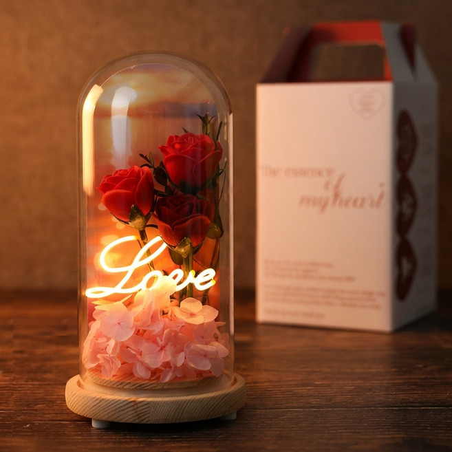 뷰티풀데코센스 로맨틱 러브 LED 프리저브드 비누꽃 장미 유리돔+핸들케이스, Red