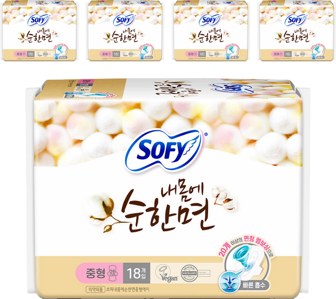 쏘피 내몸에 순한면 생리대 날개형, 중형, 18개입, 5개