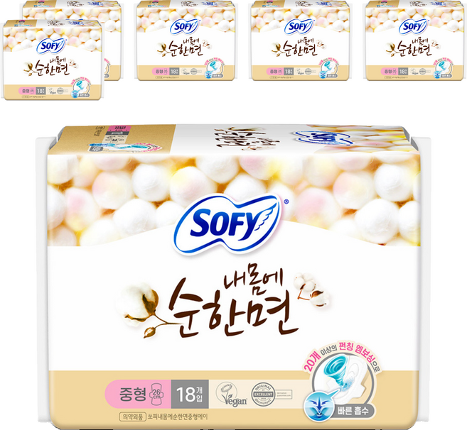 쏘피 내몸에순한면 생리대 날개형, 중형, 18개입, 6개