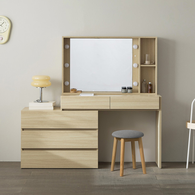 파로마 헤브 LED 조명 확장형 콘솔 서랍장 화장대 + 원목 쿠션 의자 방문설치, 화장대(화이트), 의자(트위드 블랙)