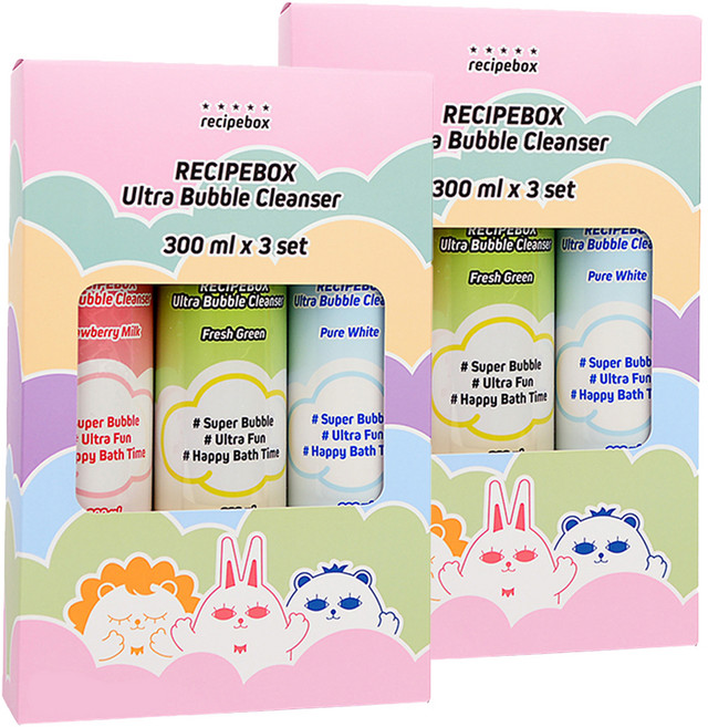 레시피박스 유아용 거품목욕 울트라 버블클렌저 스트로베리밀크 300ml + 프레쉬그린 300ml + 퓨어화이트 300ml 세트, 900ml, 2세트