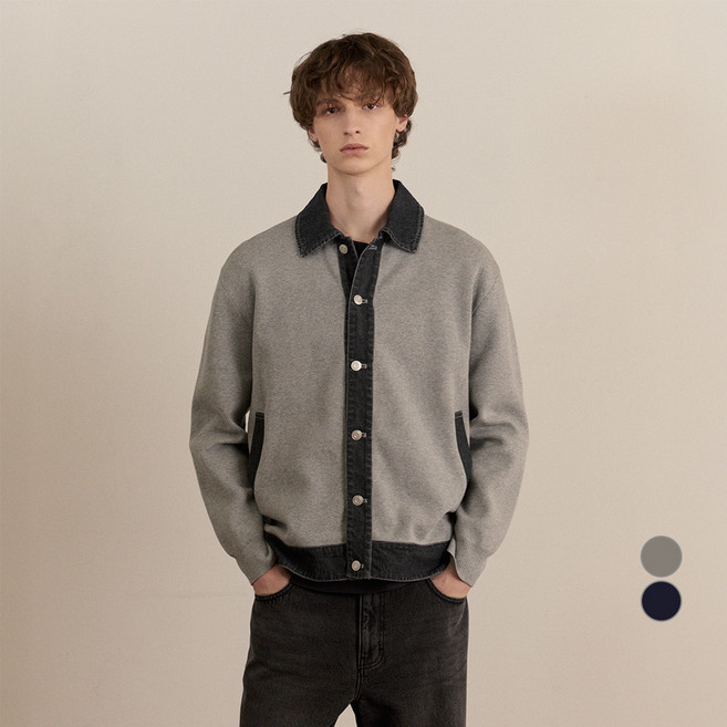 MIND BRIDGE 男士牛仔拼色翻領半寬鬆版型開襟衫 MZCD6101