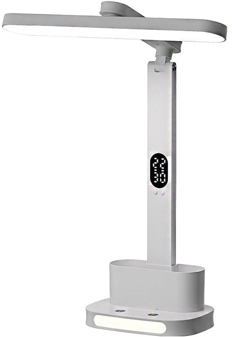 Kyhome LED雙燈時鐘檯燈 護眼學習閱讀燈 宿舍照明燈 臥室桌燈 小夜燈 收納筆筒 白色