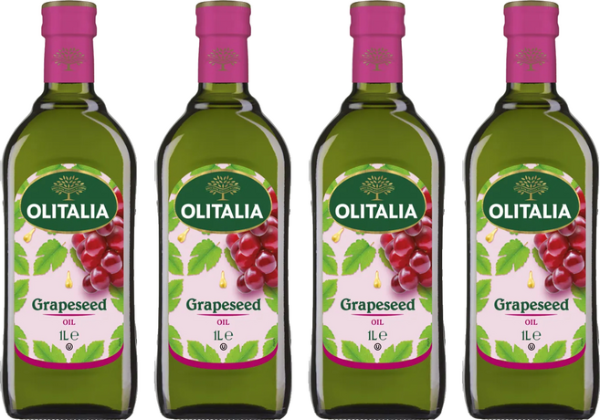 OLITALIA 奧利塔 葡萄籽油 高含量Omega-6不飽和脂肪酸 富含花青素(OPC) 油品穩定 耐高溫且低油煙, 1L, 4瓶