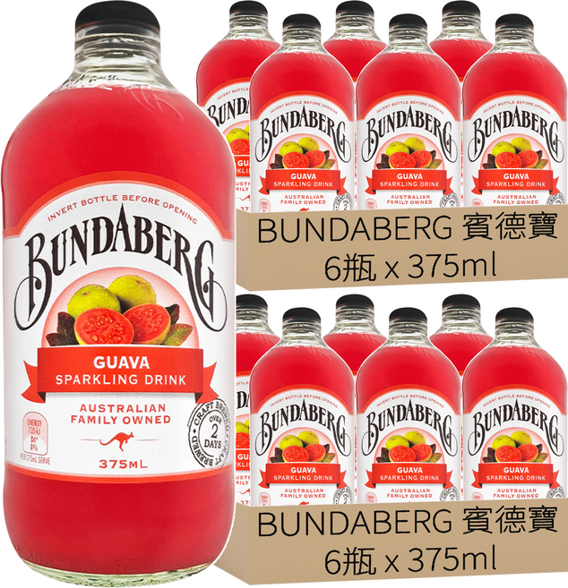 BUNDABERG 賓德寶 紅心芭樂風味氣泡飲, 375ml, 12瓶