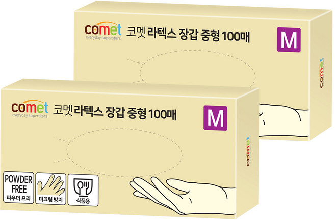 코멧 라텍스장갑 100매입, 화이트, 중(M), 2개