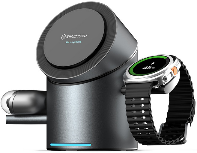 신지모루 Qi2 3in1 무선충전 맥세이프 M 윙 터보 갤럭시 워치 거치대, 블랙메탈, 1개