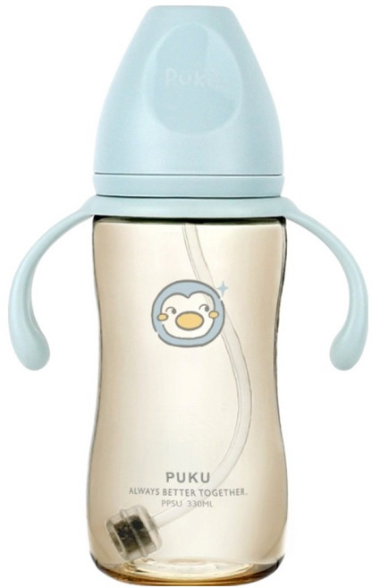 PUKU 藍色企鵝 飽飽歐蕾 PPSU 寬口奶瓶 330ml, 靜藍色, 1個