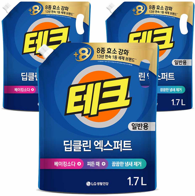 테크 딥클린 실내건조 액체세제 일반 리필, 1.7L, 3개