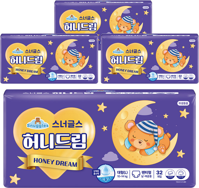 스너글스 허니드림 팬티형 기저귀 남녀공용, 대형(L), 128매
