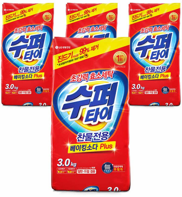 수퍼타이 찬물 전용 실내건조 분말 효소 세탁세제 일반드럼 겸용 리필, 3kg, 4개