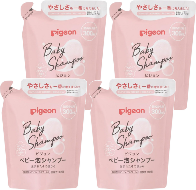 pigeon 貝親 洗髮慕斯補充包 粉色花香, 300ml, 4包