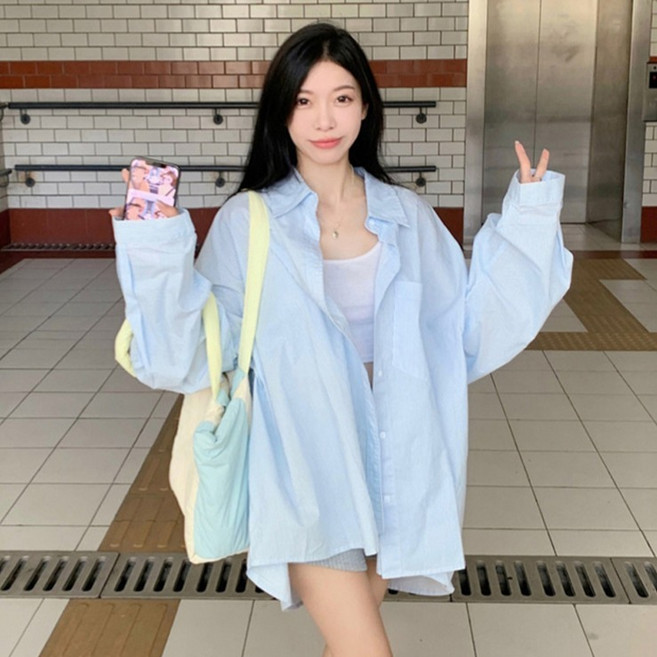 DMELD 女款條紋寬版長袖襯衫
