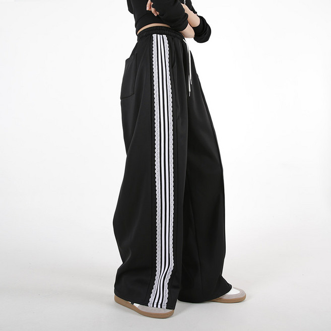 디어로라 여성용 레이스 트랙 라인 와이드 팬츠 바지 JO_P044