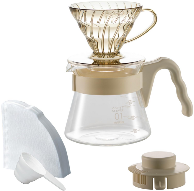 HARIO 好璃奧 V60 20周年自然米手沖咖啡壺組 VCSD-01-20CP-KB, 1套, 樹脂濾杯 + 玻璃咖啡壺 + 濾紙 + 量匙, 450ml