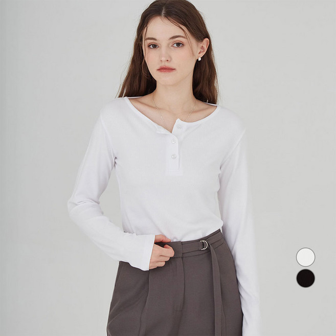 ELLE PARIS 여성용 헨리넥 슬림핏 립 긴팔 티셔츠