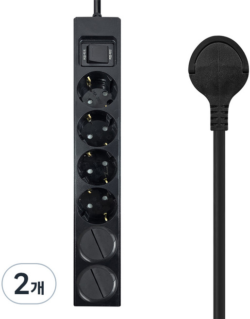 원스탑 제로갭 과부하차단 통합 절전스위치 16A 납작멀티탭 6구 안전커버 2p, 블랙, 2개, 2m